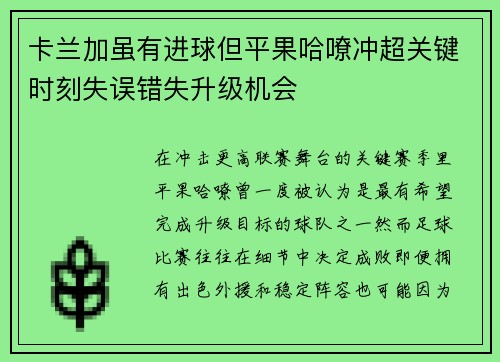 卡兰加虽有进球但平果哈嘹冲超关键时刻失误错失升级机会